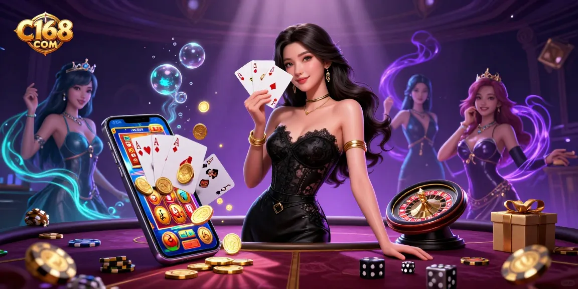 C168 COM showcases a glamorous Asian woman confidently holding playing cards in an opulent casino environment.