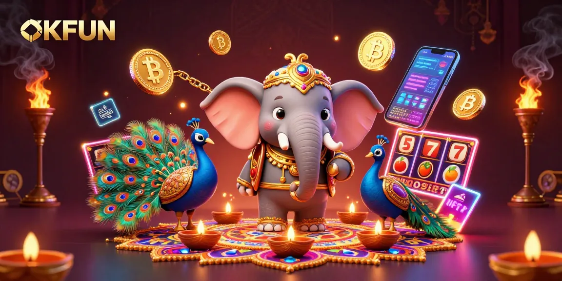 Engage with OKFUN's thrilling slots and jackpot features in this vibrant casino illustration.