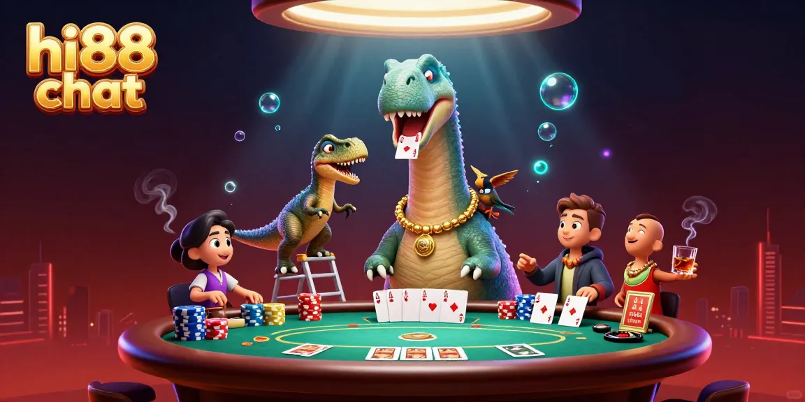 Delve into hi88 chat's thrilling action with a vibrant casino scene featuring a giant dinosaur and playful raptor dealing cards.