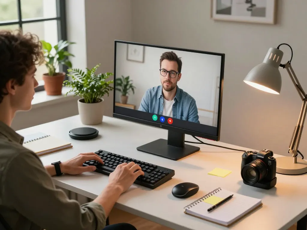 A professional workspace featuring tech gadgets for productivity, with a person on a video call, modern desk setup, and vibrant indoor plants.