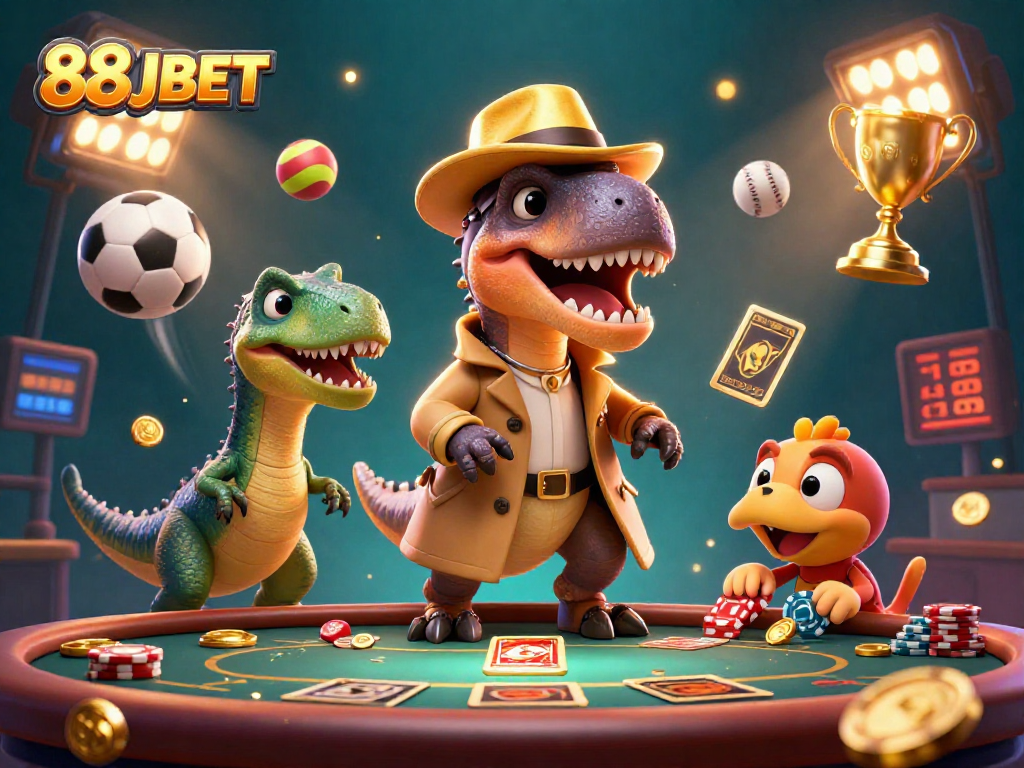 Experience the exciting world of 88JBET with a thrilling 3D casino scene featuring playful dinosaurs.