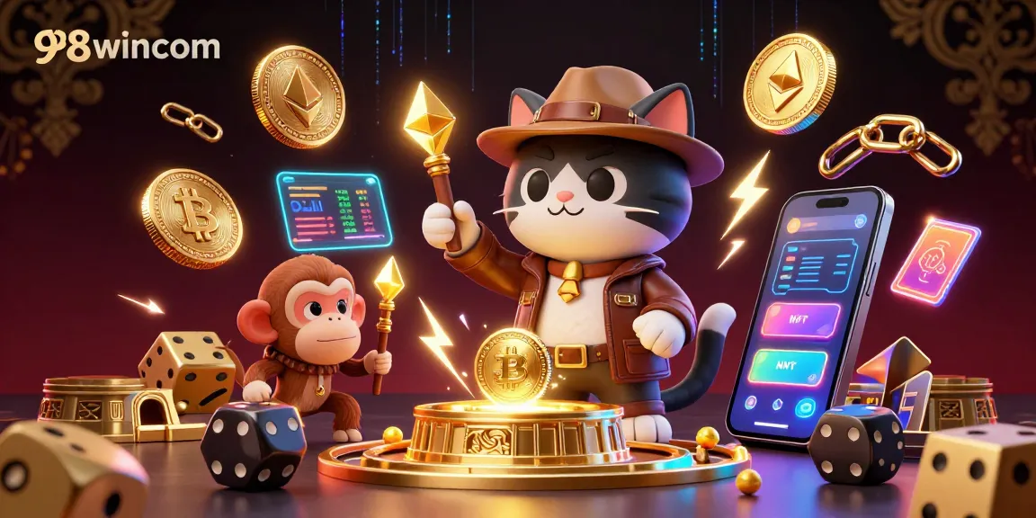 Explore vibrant gaming elements at 98wincom with an archaeologist cat and a monkey in a casino-themed adventure.
