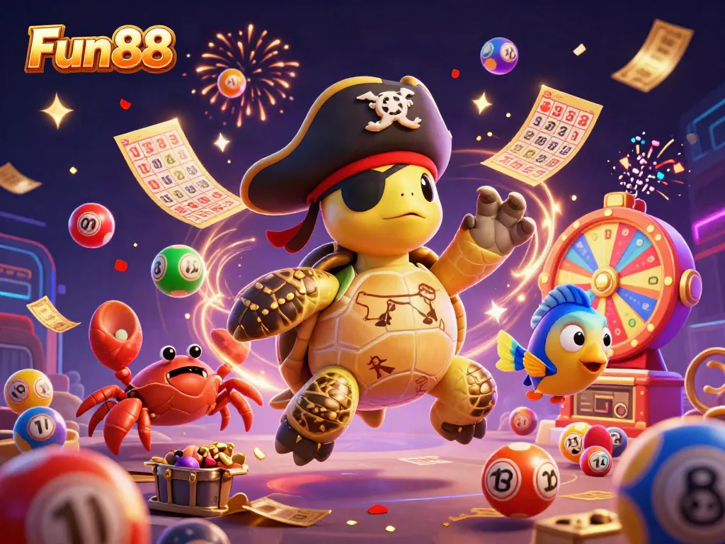Experience the excitement of Fun88 with vibrant casino elements and energetic characters in a thrilling lottery scene.