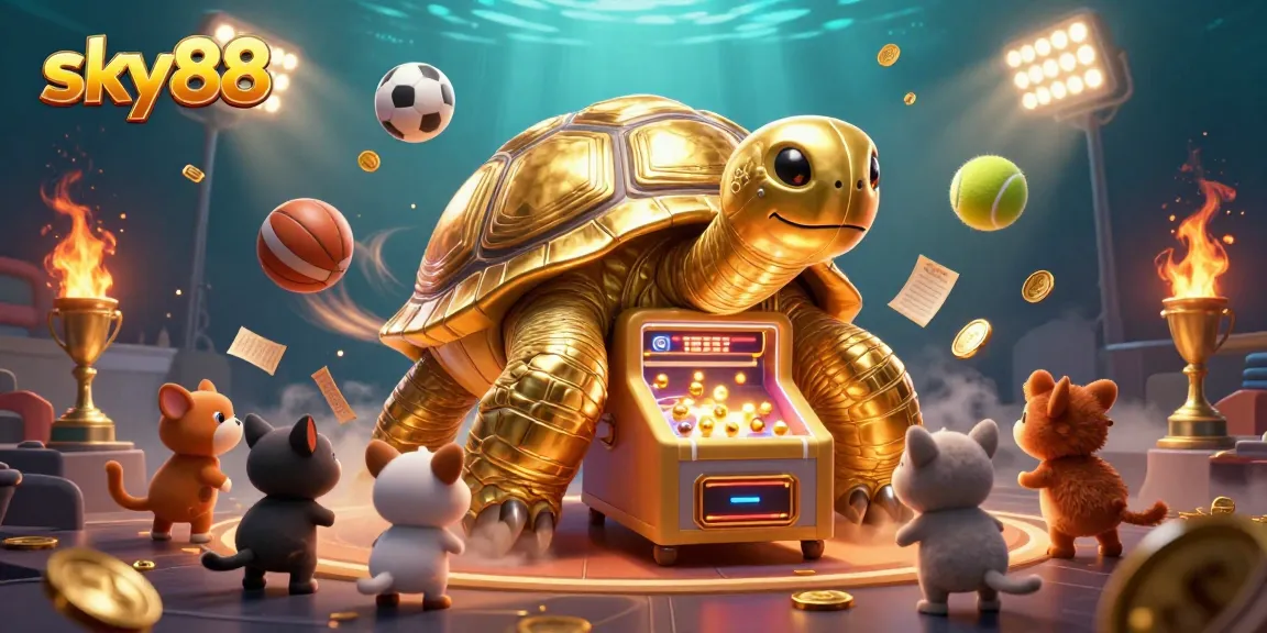 Exciting sky88 gambling scene with a golden tortoise pinball machine and dynamic sports elements.