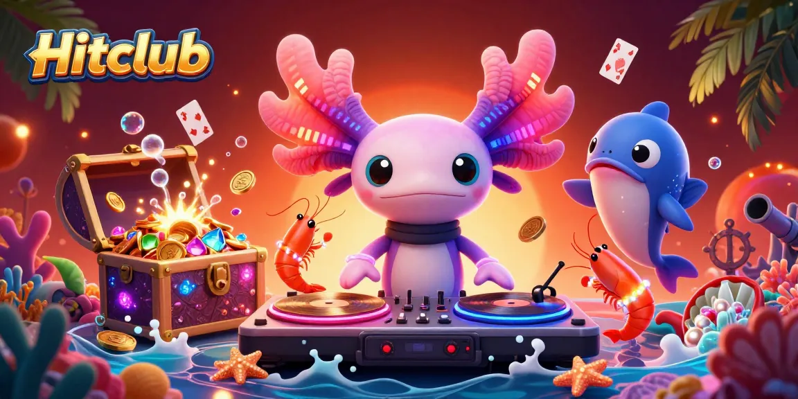 Hitclub's lively underwater DJ scene with vibrant axolotl and colorful gambling elements.