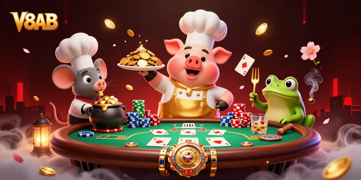 Experience thrilling gameplay with V8AB featuring a lively scene of a pig chef, mouse sous-chef, and frog critic among poker elements.