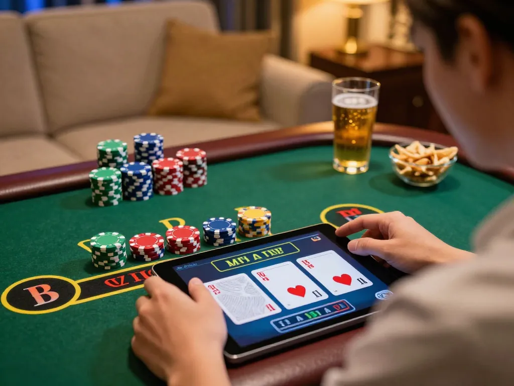 LC88 player engaging in an exciting online blackjack game with colorful chips and cards in view.