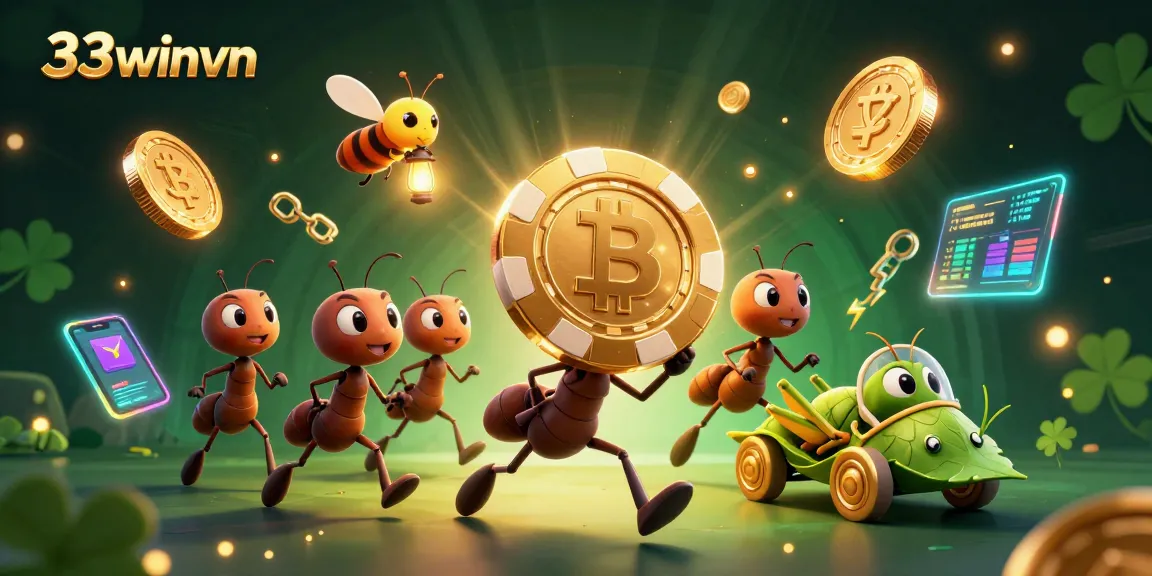 Experience the excitement at 33winvn with a vibrant heist scene of cartoon ants and crypto elements.