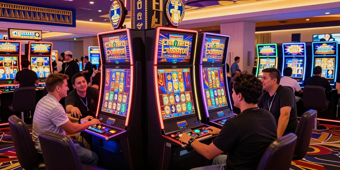 Engaged players enjoying the Cleocatra slot game at a lively casino.