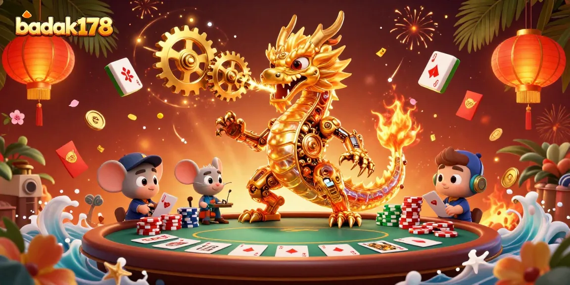 Experience the thrill of badak178 with a colorful 3D poker-themed illustration featuring a dragon and vibrant casino elements.