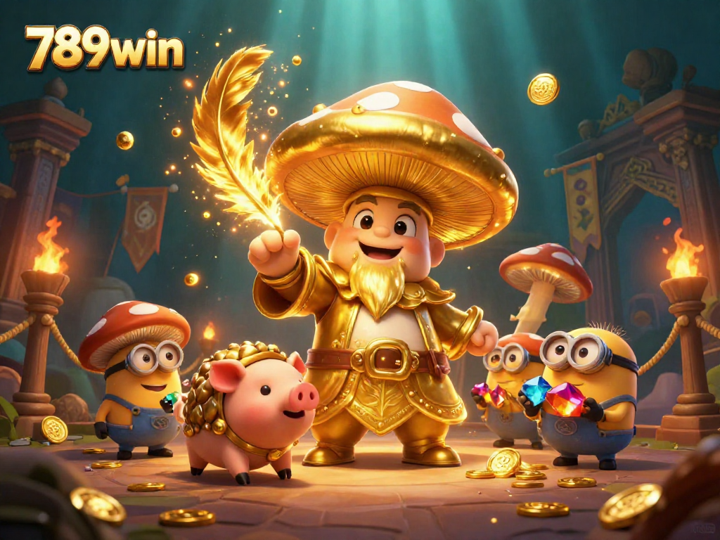 Experience the thrill of 789win's gaming world with a whimsical 3D casino illustration featuring golden characters and treasure.