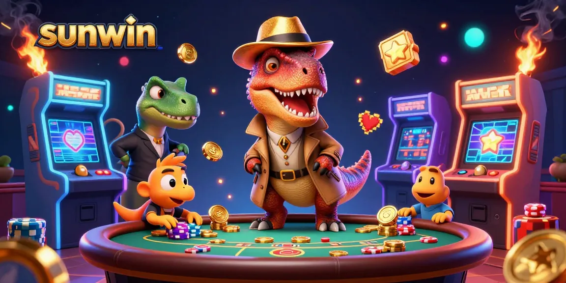 Sunwin offers a vibrant scene of a velociraptor gambling, showcasing casino excitement.