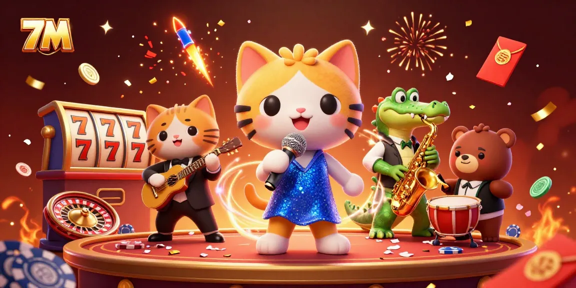 Experience the excitement of 7M's gaming world with colorful casino characters and vibrant elements.