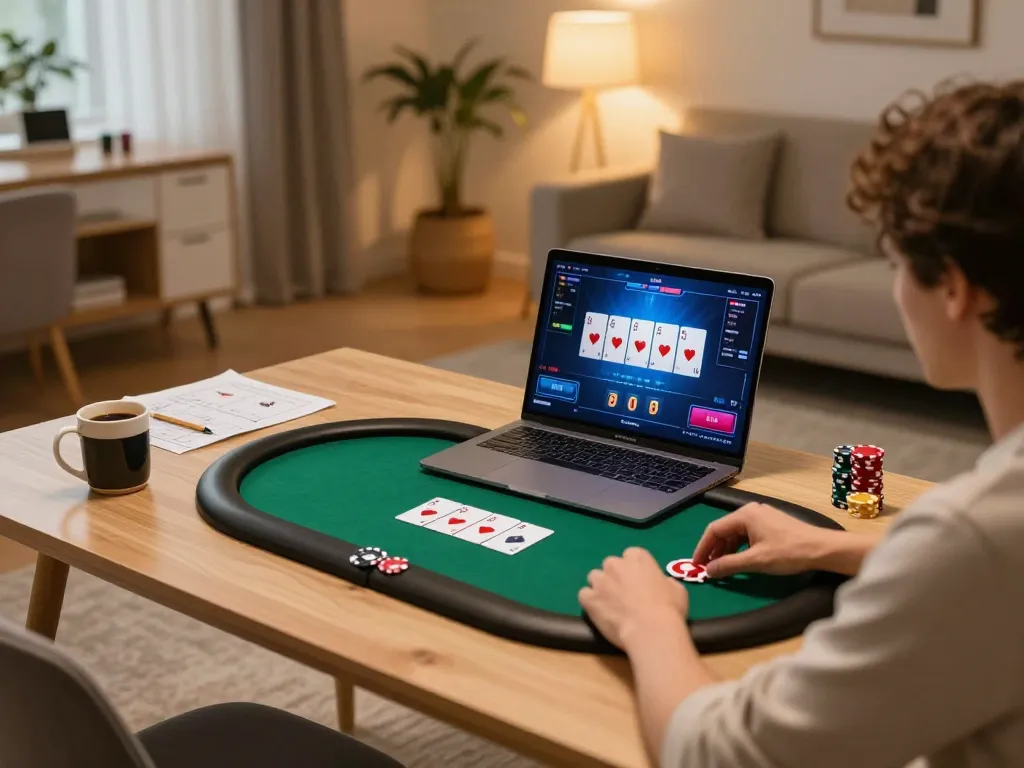 Player engaging in thrilling online poker gameplay on 79win platform, showcasing a dynamic home gaming setup