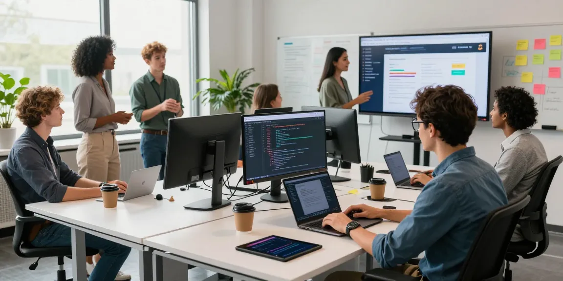 Collaboration at telegraimin.com office workspace with developers and screens displaying software