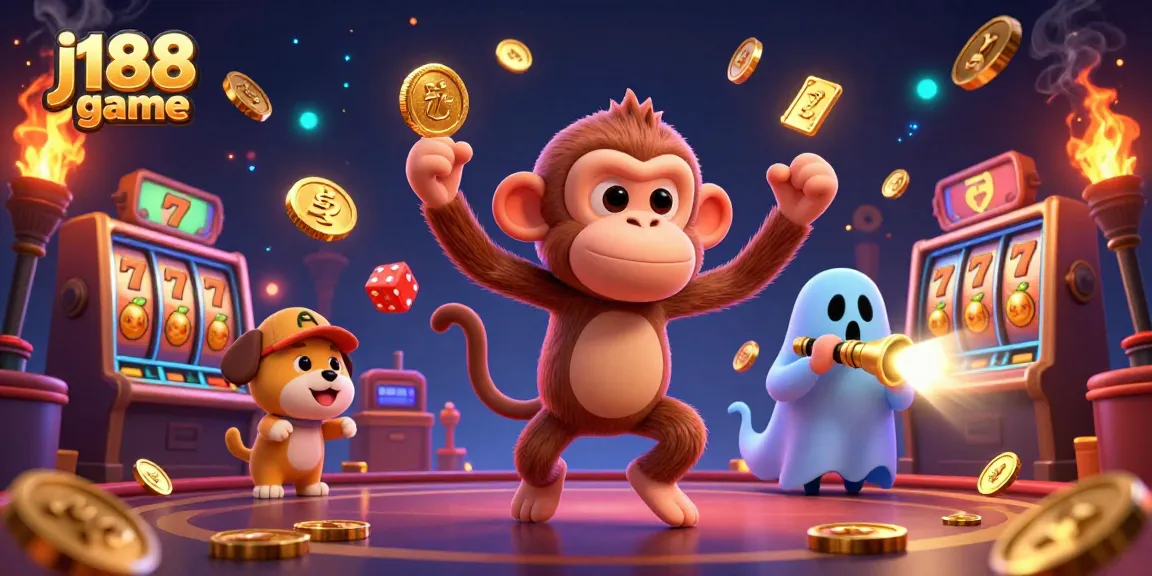 Engage with the j188 game in this dynamic casino scene featuring golden symbols and playful characters.