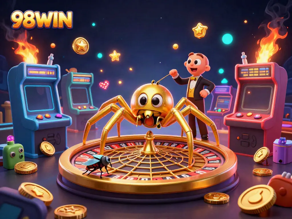 Experience thrilling bets at 98WIN with a golden spider and roulette web in a vibrant casino scene.