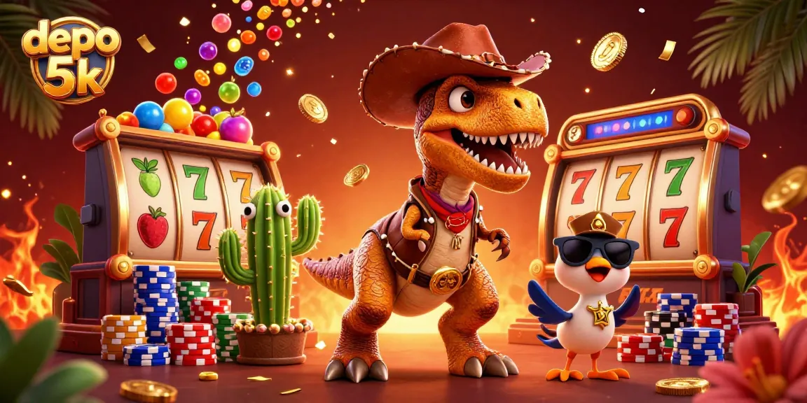Play thrilling slot games at depo 5k and win big with an exciting 3D casino scene featuring vibrant characters and rich game elements.