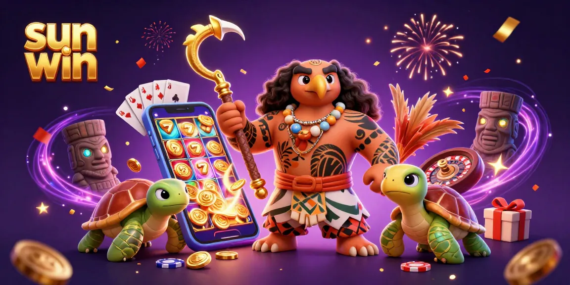 Win big with sun win in this vibrant casino illustration featuring epic characters and game elements.