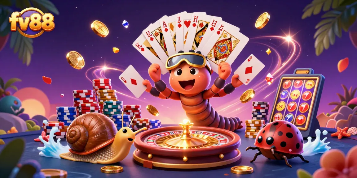 Join the excitement at fv88 with a cartoon millipede dealer, vibrant game elements, and high-stakes action.