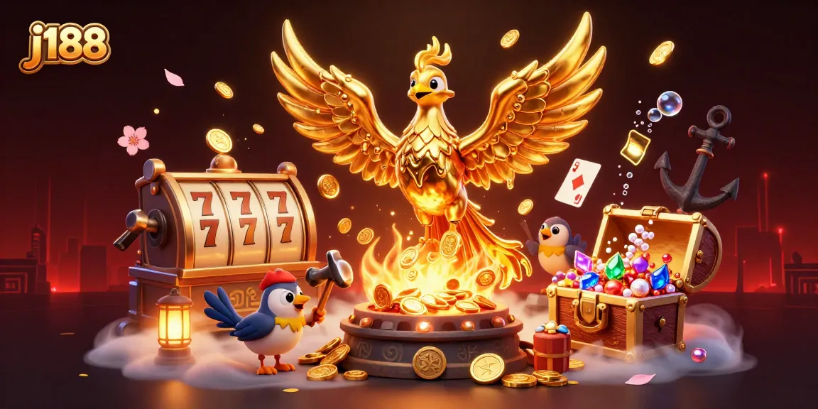 Engage with j188's vibrant golden phoenix in an exciting online casino illustration.