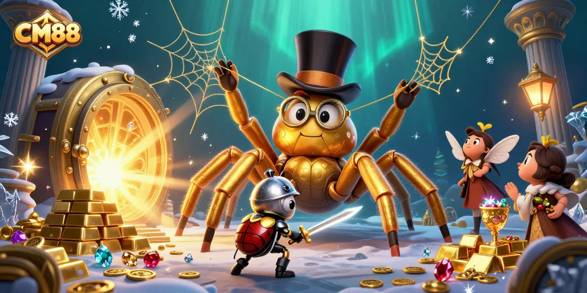 Engage with exciting gameplay at CM88, where a golden tarantula spins riches in a vibrant casino scene.