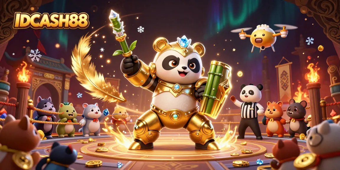Experience the thrill of IDCASH88 casino with golden panda robot in an exhilarating gambling arena.