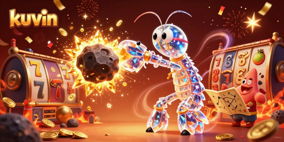 Kuvin samurai mantis shrimp bursts through an asteroid into golden slot jackpot gems, celebrating casino wins!