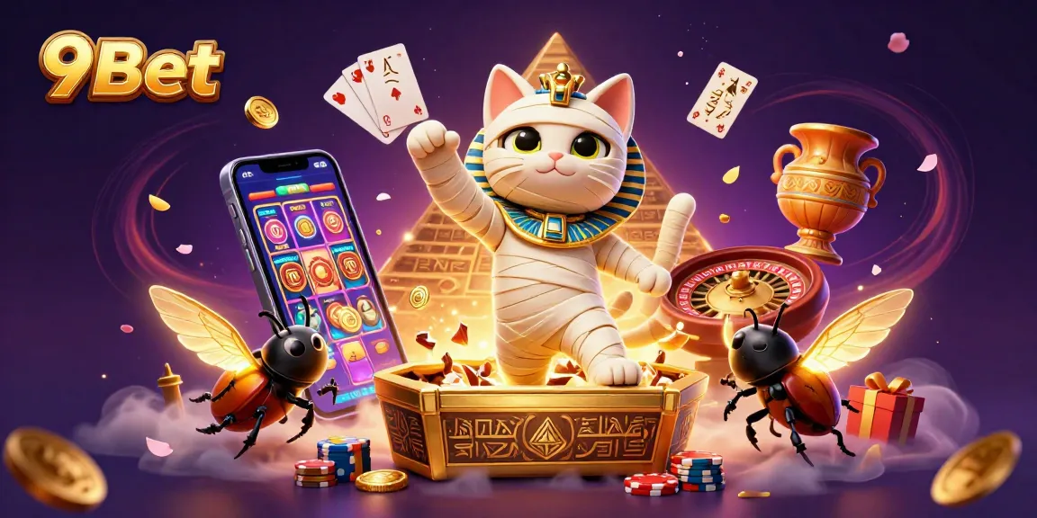 Experience the thrill of 9Bet with a vibrant 3D illustration of a mummy cat and a scarab beetle.