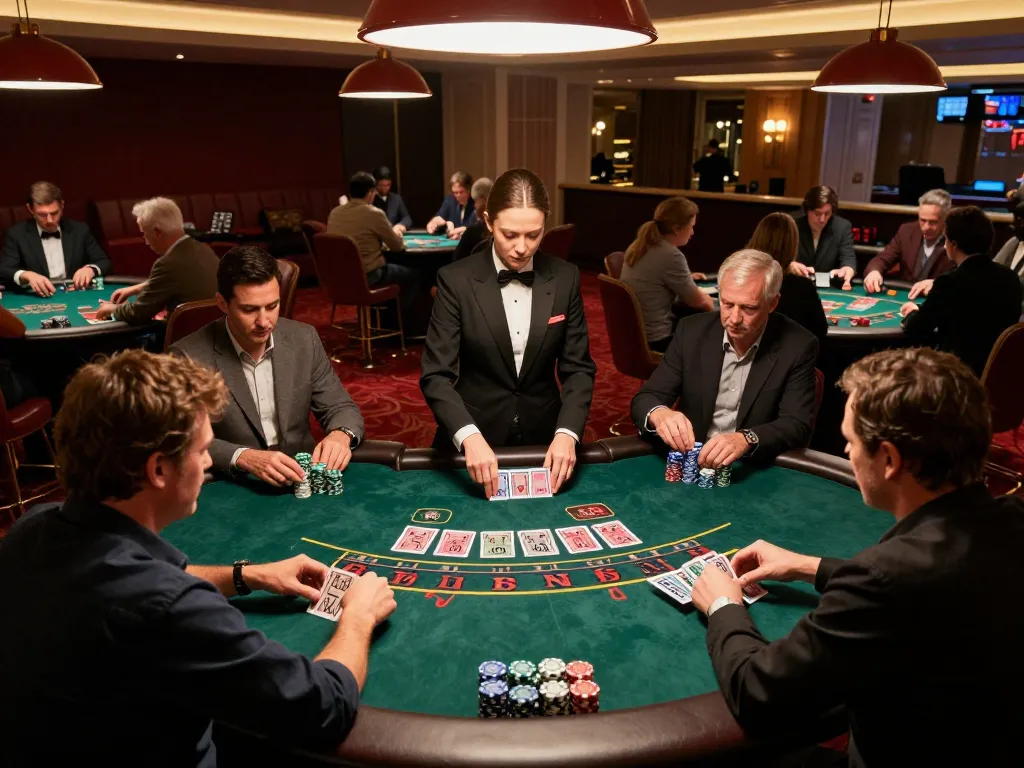 Engaging blackjack players at gg88 com with intense focus and professional dealer action in a luxurious casino.