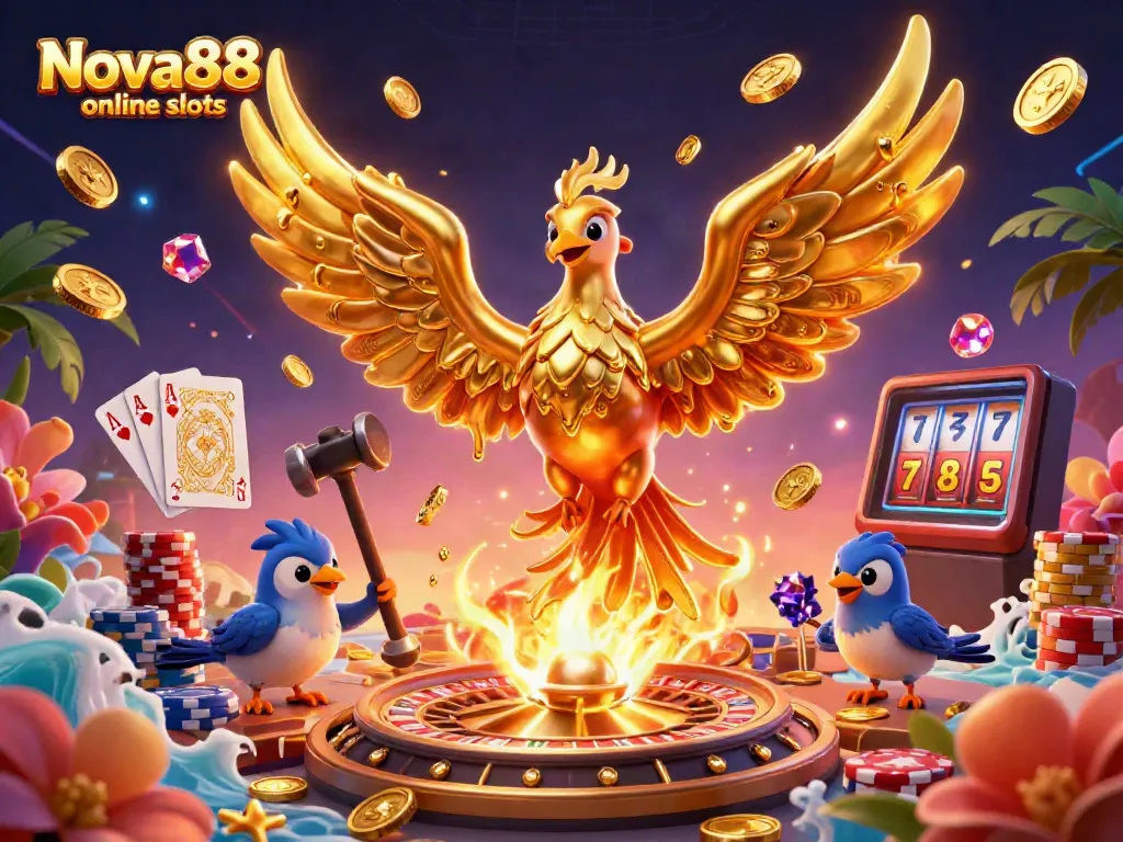 Experience thrilling Nova88 online slots with a stunning 3D illustration of a golden phoenix and casino elements.