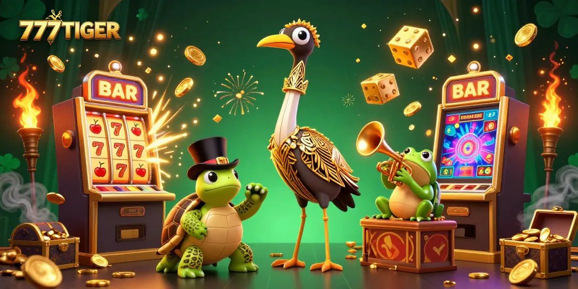 Experience exciting gameplay at 777TIGER with dynamic slot machines and cheerful characters in a lively casino scene.