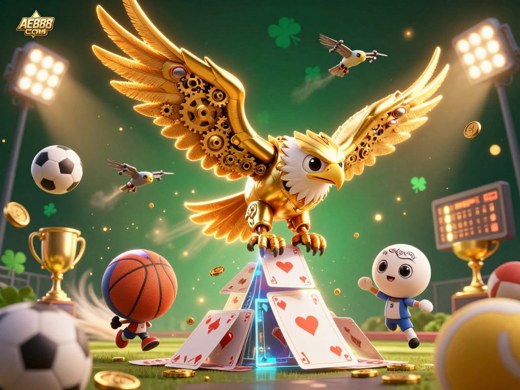 Experience the thrill of gaming with AE888 COM in an energetic, vibrant scene with a cybernetic eagle and dynamic sports elements.