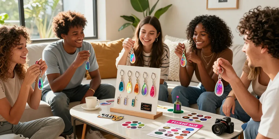 Diverse friends enjoying vibrant custom keychains showcasing unique designs in a warm and inviting home setting.