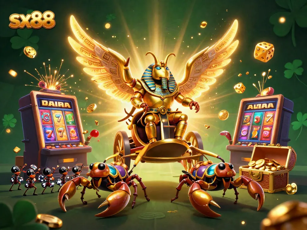 Spin the reels at sx88, featuring a golden scarab, scorpions, and jackpot excitement in this dynamic casino scene.