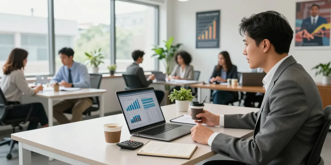 Exploring merchant cash advance options in a dynamic office setting with a consultant analyzing financial data.
