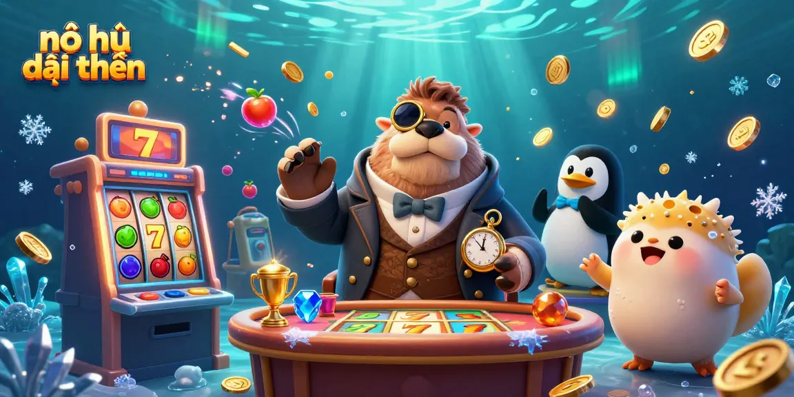 Nổ hũ đổi thưởng scene featuring a jovial walrus and friends at a slot machine, showcasing vibrant game elements.