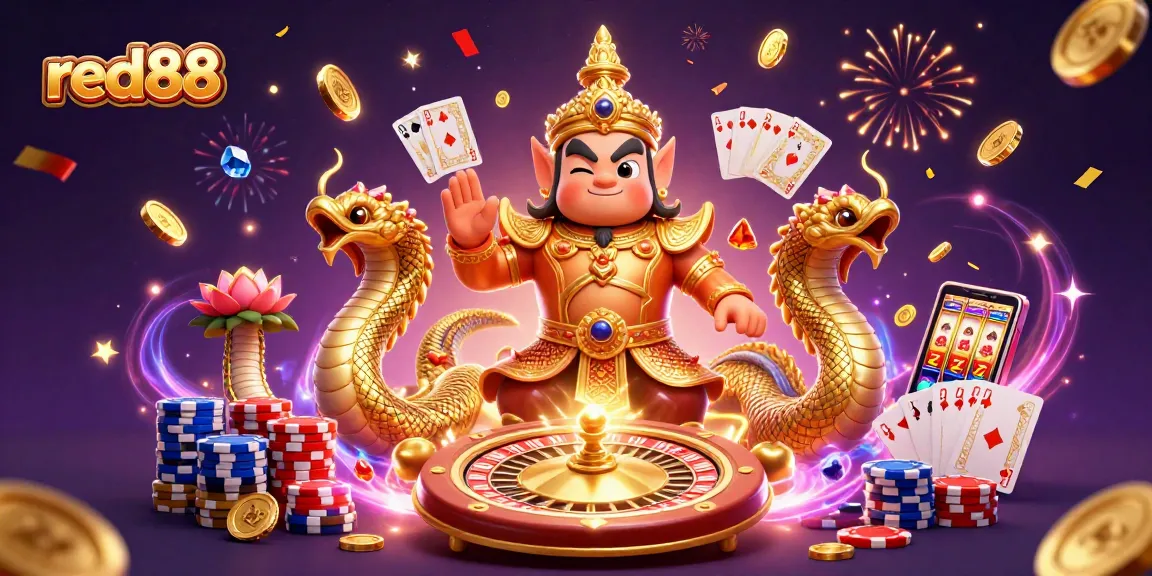 Watch red88's thrilling casino excitement with guardian and Naga amidst spinning roulette and flying coins.