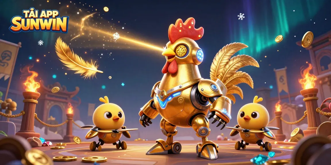 TẢI APP SUNWIN with a golden rooster robot and baby chick drones in a dynamic gambling scene.