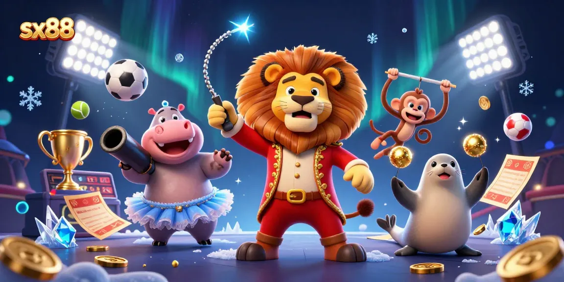 Experience excitement with sx88 in a lively circus-themed casino illustration featuring iconic characters.