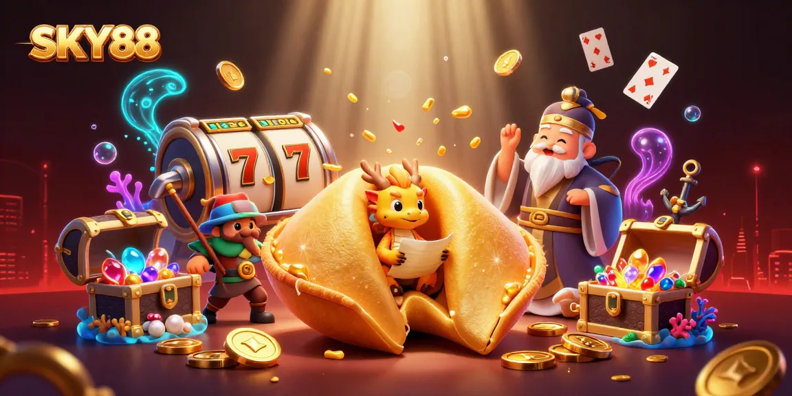 SKY88 presents vibrant online casino fun with exciting slot symbols and animated characters.