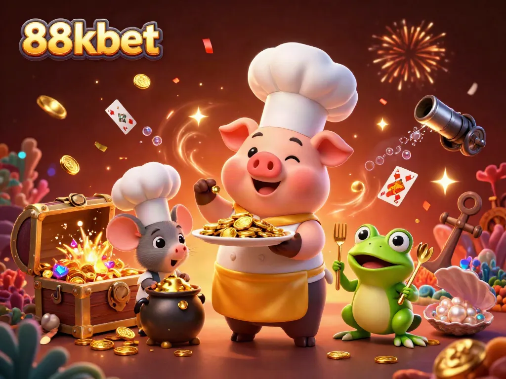 Experience the exciting world of 88kbet with a vibrant 3D casino scene featuring playful characters and gold treasures.