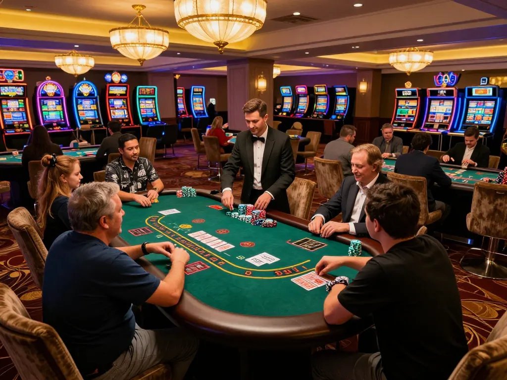 Players strategizing at a b52 blackjack table in an upscale casino illuminated by chandeliers.