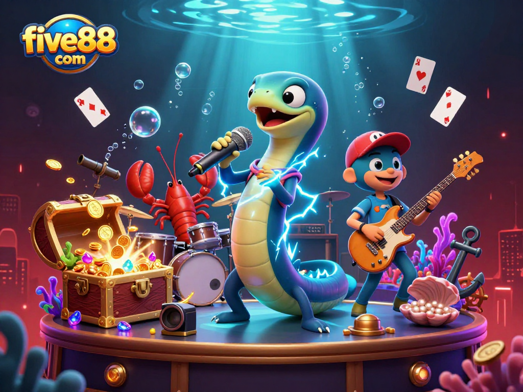 Experience vibrant underwater casino fun with five88 com featuring electric eel DJ and treasure-filled excitement