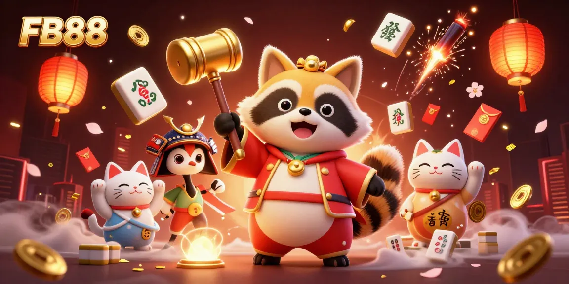 Join the fun at FB88 with cheerful tanuki and lucky cats in a vibrant casino scene