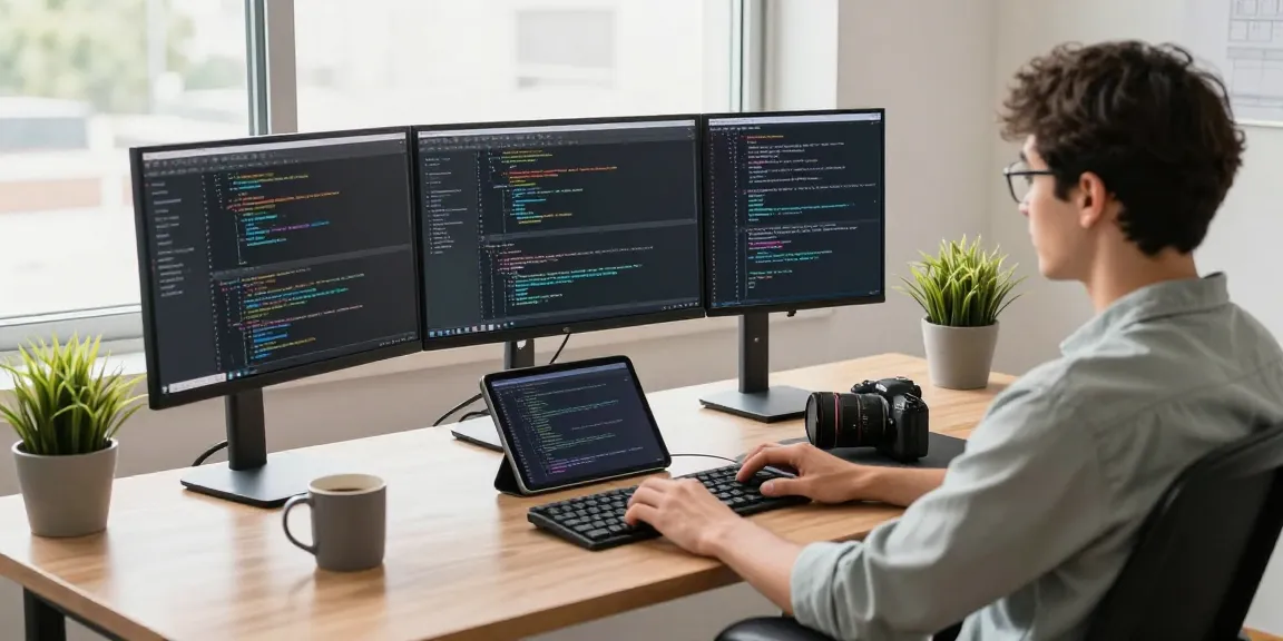 快连 software developer optimizing network performance in a modern workspace with multiple monitors.