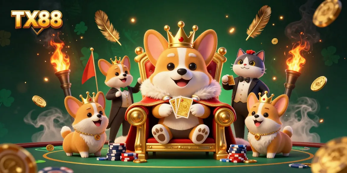 Engage with TX88, featuring a royal corgi amidst cards and chips in an enchanting casino scene.