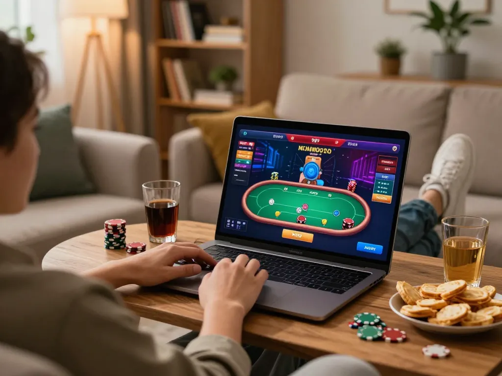 Engaged player enjoying an online poker game on 78 WIN in a cozy home setting with snacks