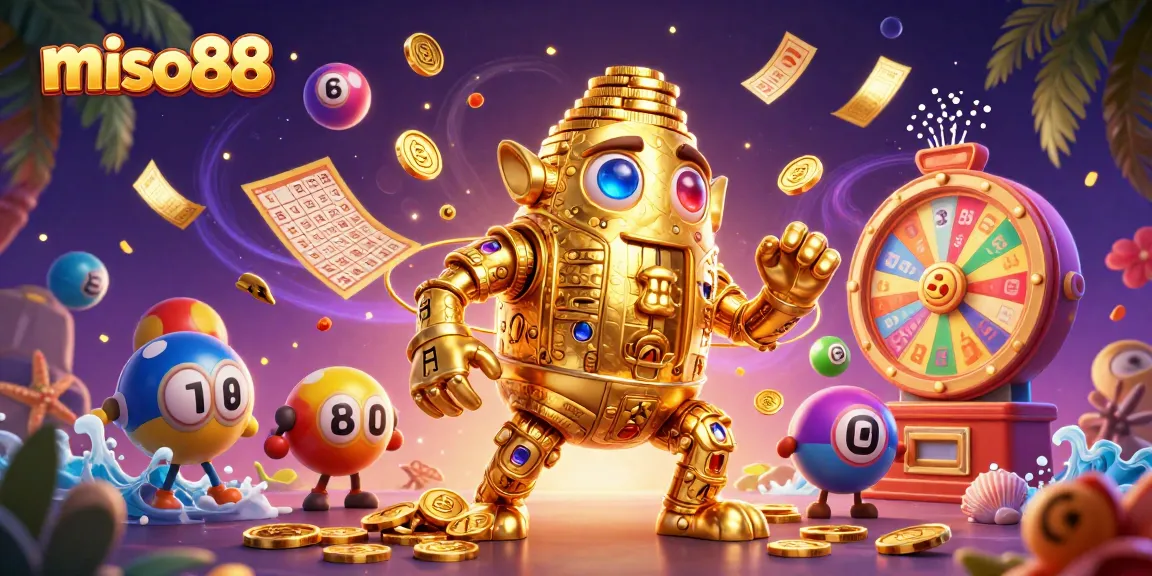 Miso88's vibrant casino scene with golden golem and dynamic lottery elements for immersive gaming.