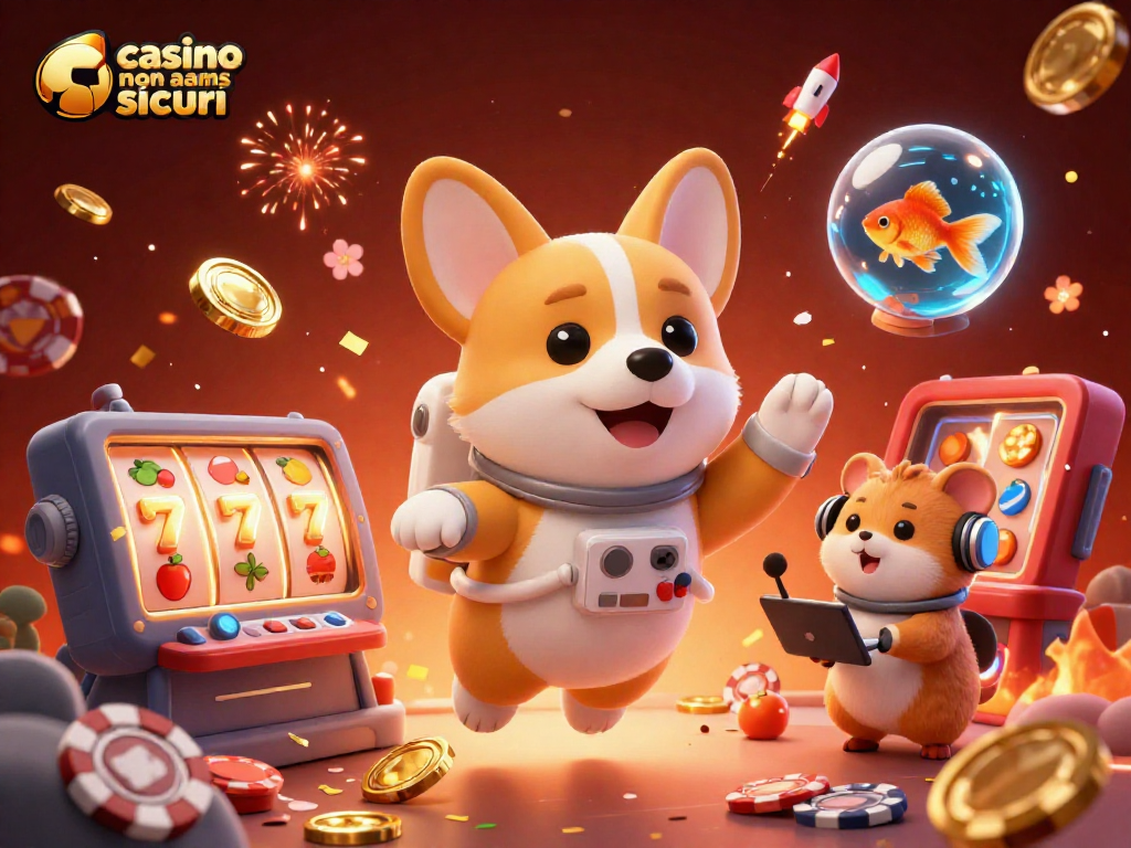 Gioca nei migliori casinò non AAMS sicuri con un corgi astronauta e un criceto direttore in una scena festosa.